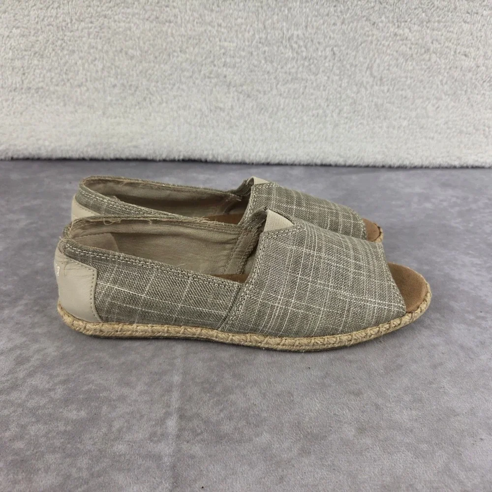TOMS Womens Open Toe Espadrille Flats Taupe Wht Grid Print Slip On Shoes Size 6